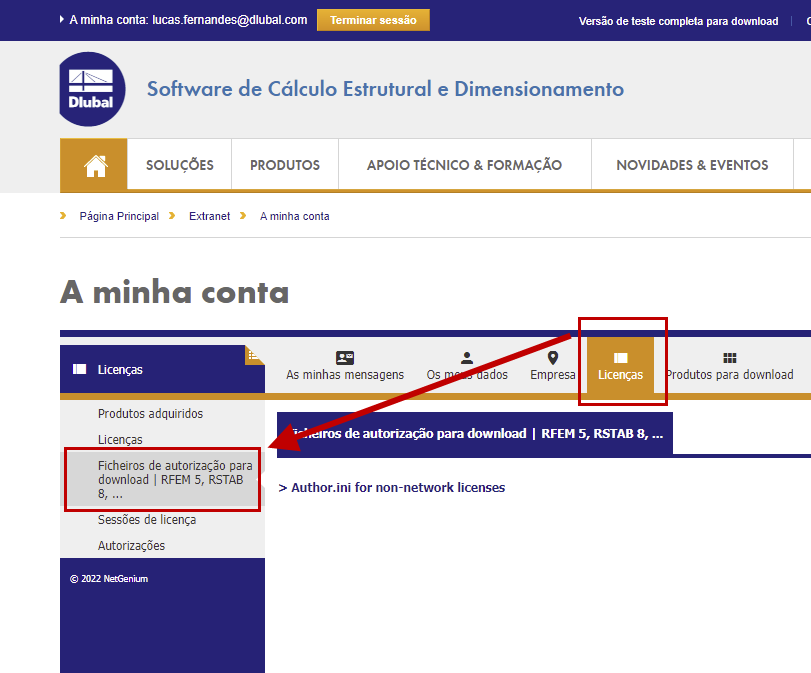 FAQ 005107 | Onde é que posso fazer o download do meu ficheiro de autorização do RFEM/RSTAB na extranet da Dlubal?