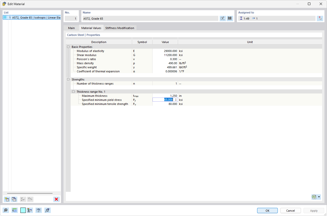Ajustar propriedades de material para dimensionamento de aço