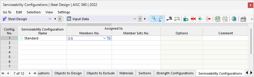 Atribuição da configuração do estado limite de utilização para barras selecionadas