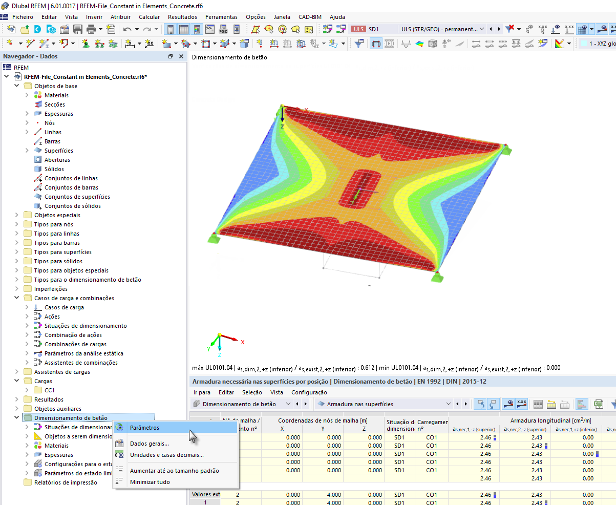FAQ 005125 | Posso mudar a armadura necessária nas tabelas de resultados de "nós de malha" para "pontos de grelha"?