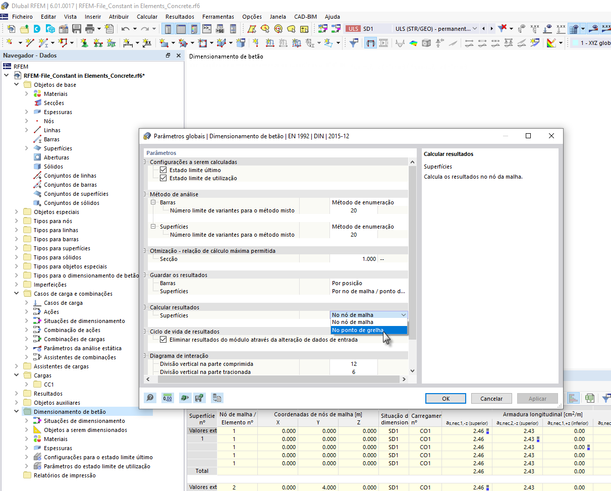 FAQ 005125 | Posso mudar a armadura necessária nas tabelas de resultados de "nós de malha" para "pontos de grelha"?