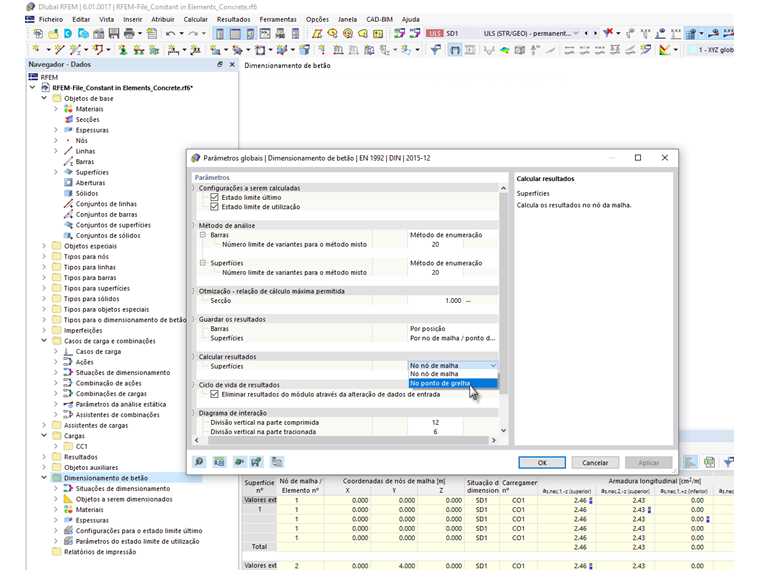 FAQ 005125 | Posso mudar a armadura necessária nas tabelas de resultados de "nós de malha" para "pontos de grelha"?
