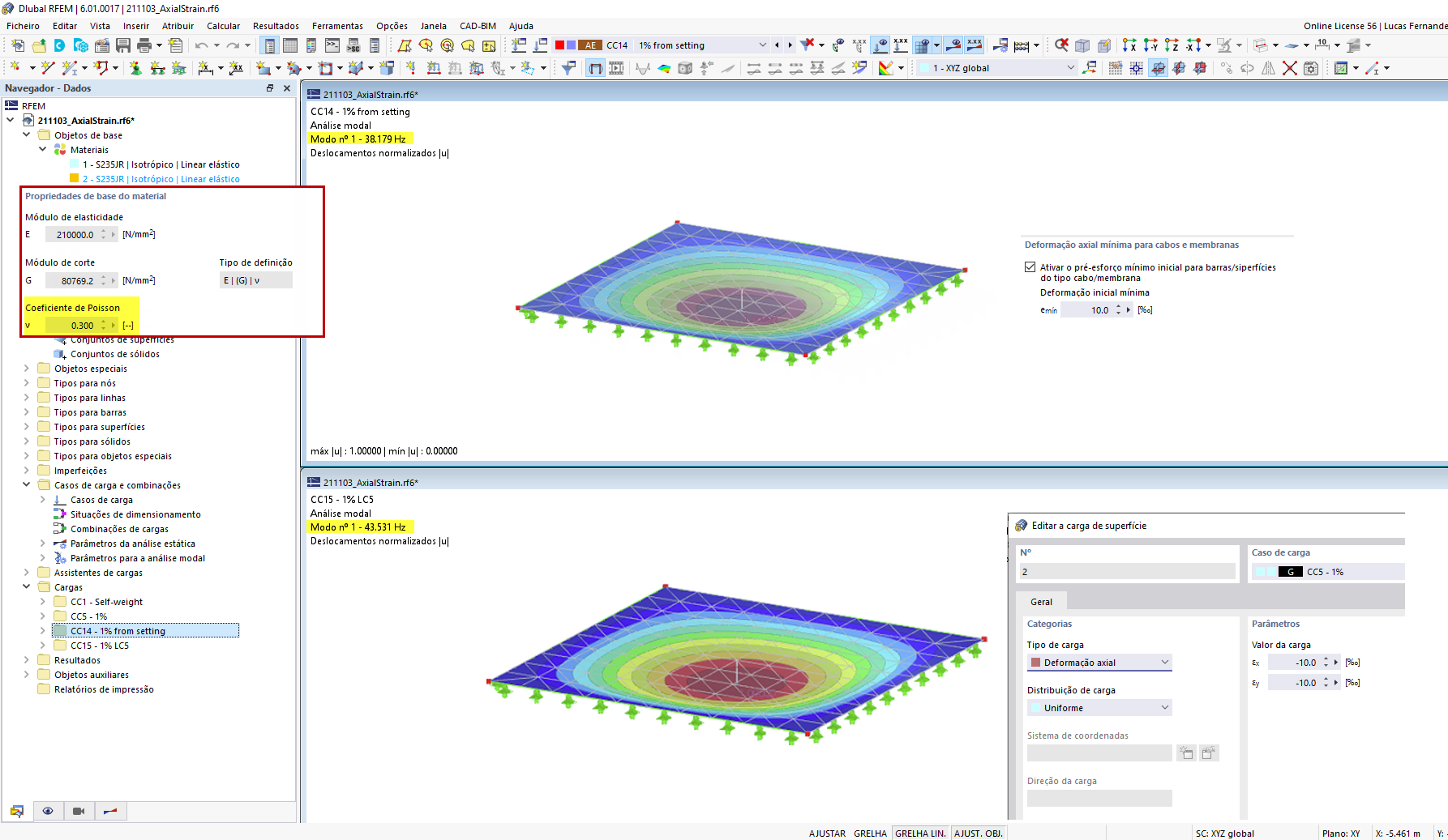 FAQ 005126 | Porque é que os resultados da análise modal são diferentes entre o pré-esforço inicial e uma carga de superfície?