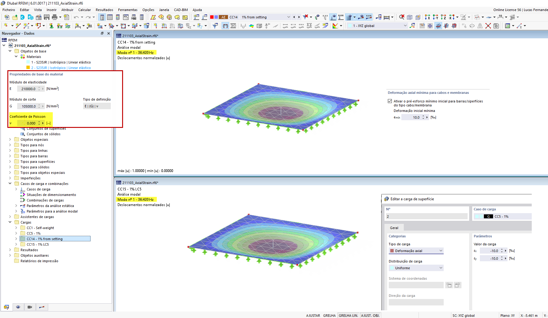FAQ 005126 | Porque é que os resultados da análise modal são diferentes entre o pré-esforço inicial e uma carga de superfície?
