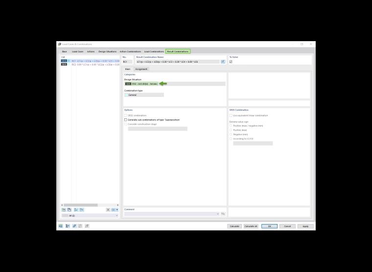 Combinações de resultados para o dimensionamento