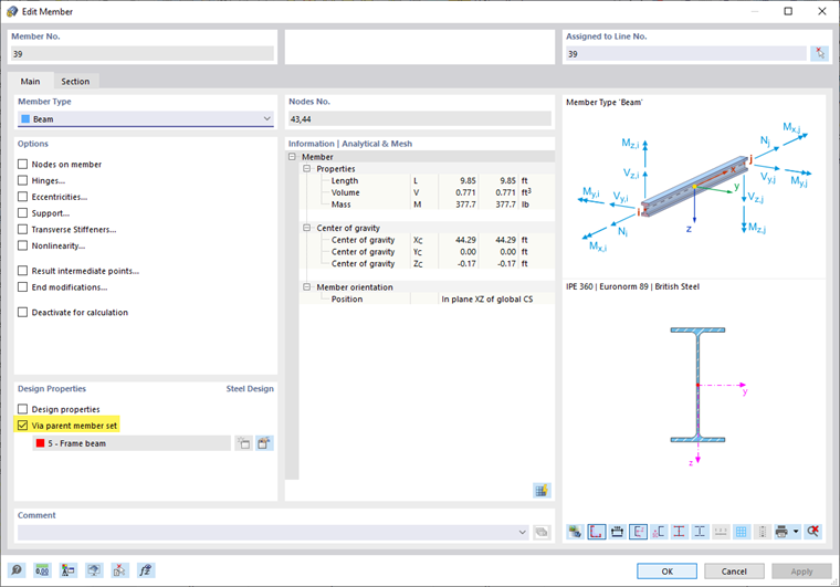 Caixa de diálogo "Editar barra", dimensionamento de aço através de conjunto de barra sobreordinado
