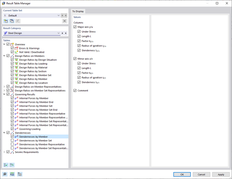Gerenciador de tabela de resultados para dimensionamento de aço, esbelteza