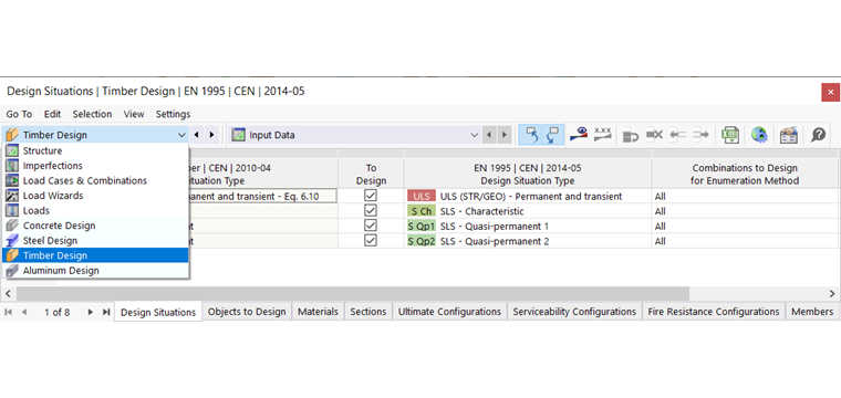 Tabela e seleção de dimensionamento de madeira - dados de entrada