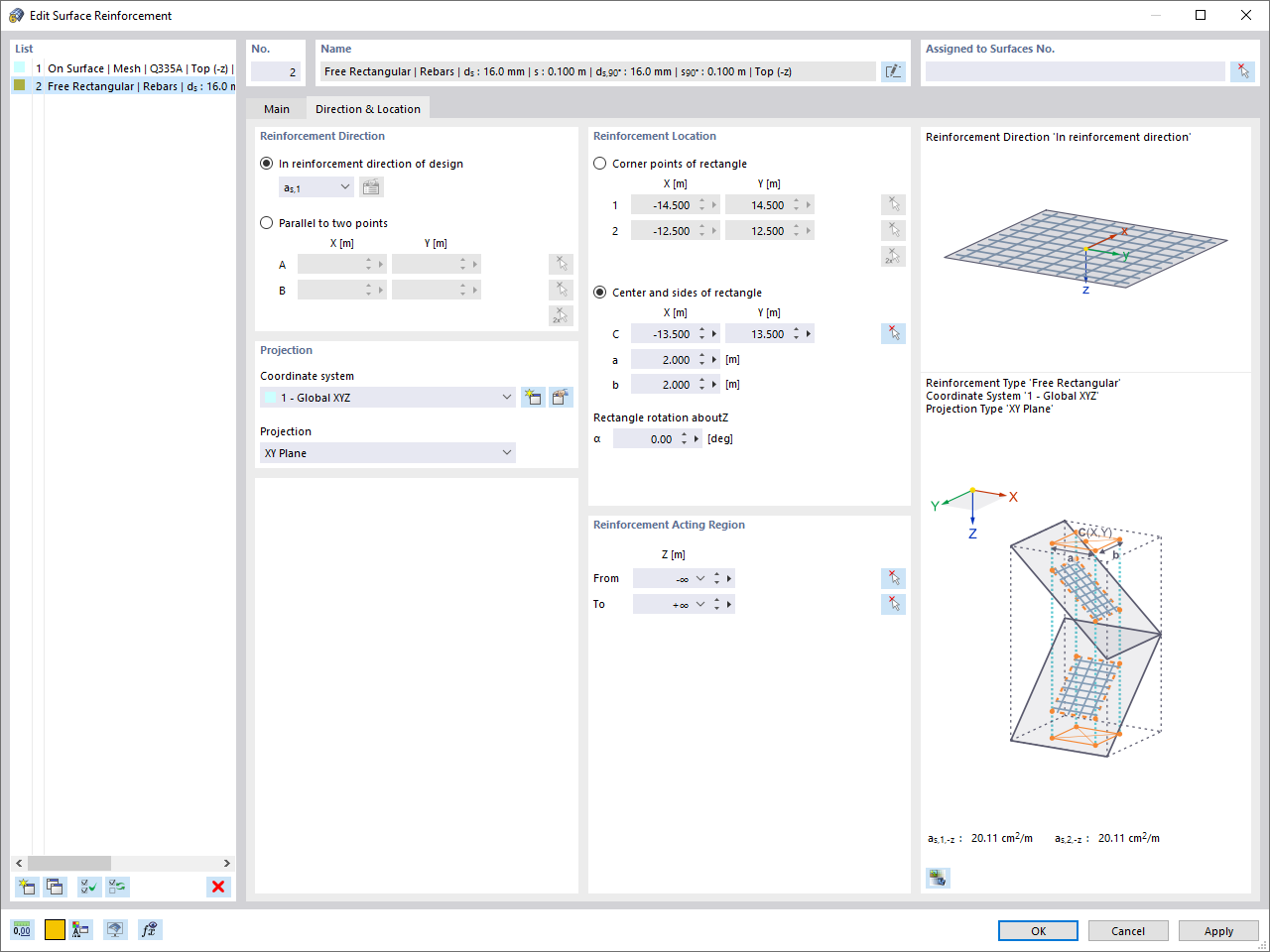 Direção e posição da armadura adicional