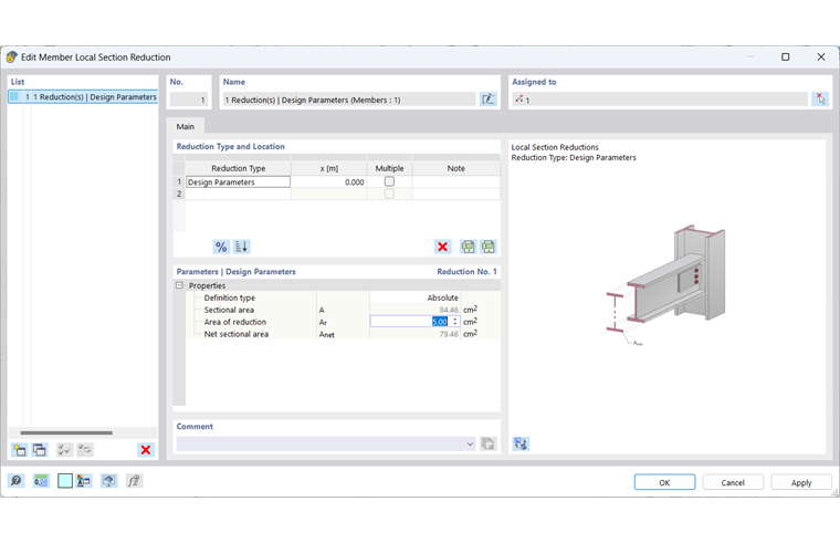 Caixa de diálogo "Nova redução local de secção de barra"