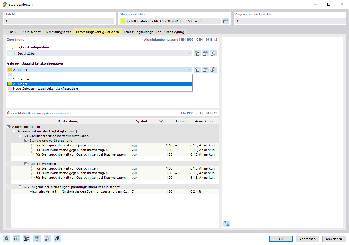 Atribuição do tipo de configuração na aba "Configurações de dimensionamento" da caixa de diálogo.