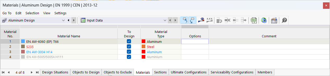 Destaque a cores dos materiais para dimensionamento de alumínio