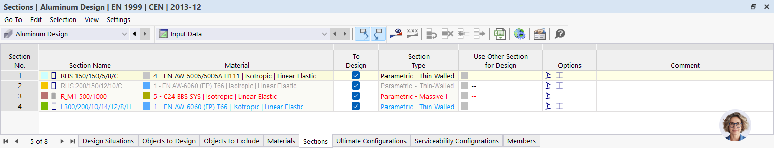 Destaque a cores de secções para dimensionamento de alumínio