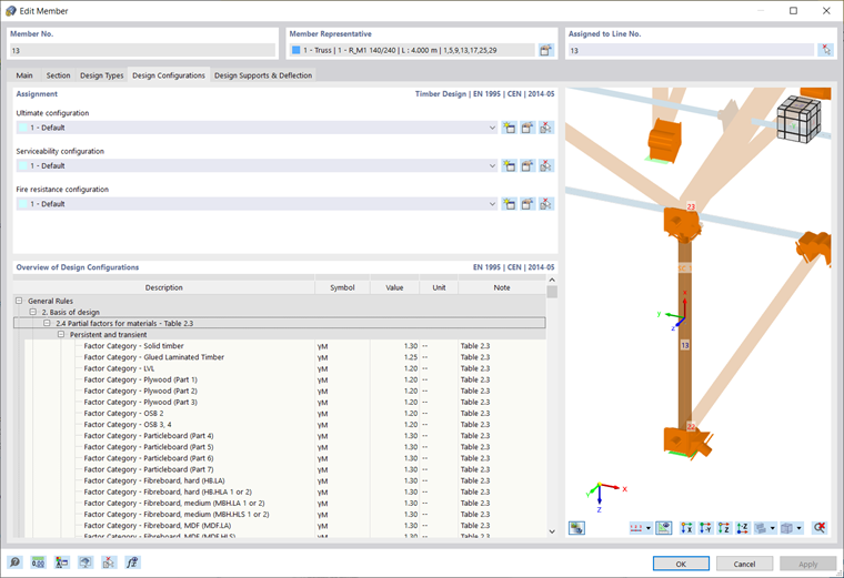 Caixa de diálogo "Editar barra", separador "Configurações de dimensionamento" para o dimensionamento de madeira
