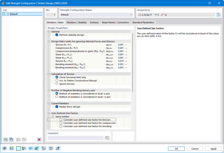 Caixa de diálogo 'Editar configuração de capacidade resistente' para dimensionamento de madeira segundo a EN 1995