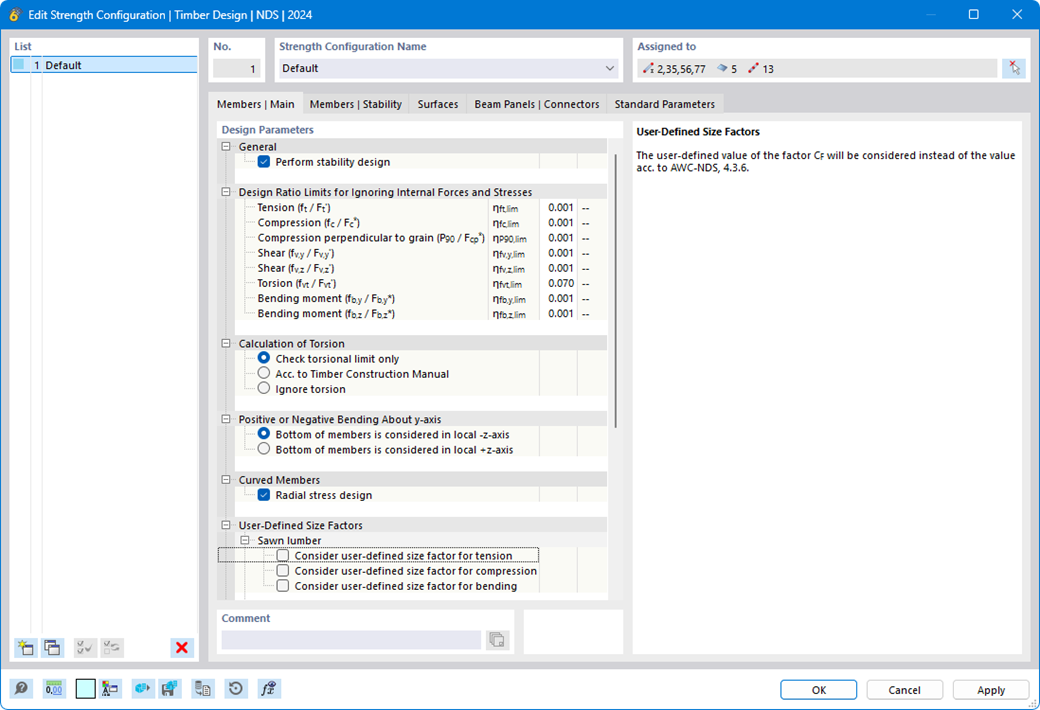 Caixa de diálogo 'Editar configuração de capacidade resistente' para dimensionamento de madeira segundo a EN 1995