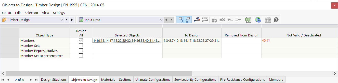 Tabela de entrada para objetos a serem dimensionados no dimensionamento de madeira