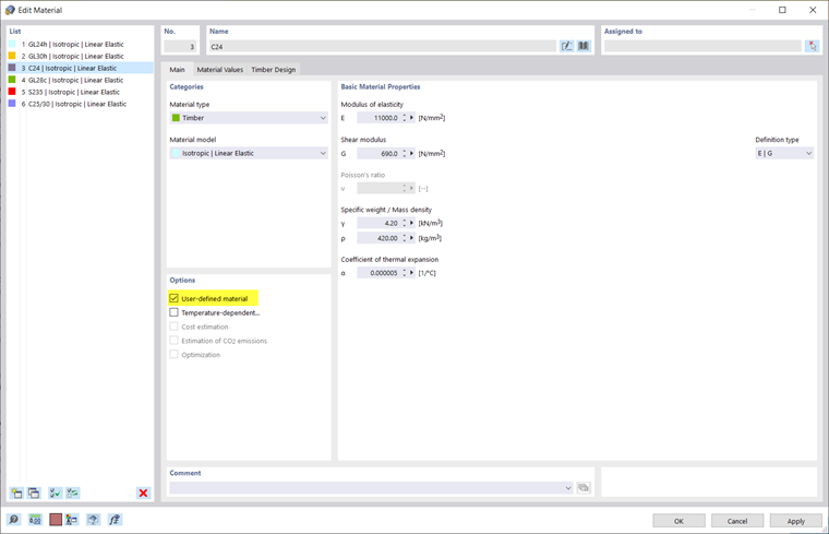 Caixa de diálogo "Editar material" | Material definido pelo utilizador