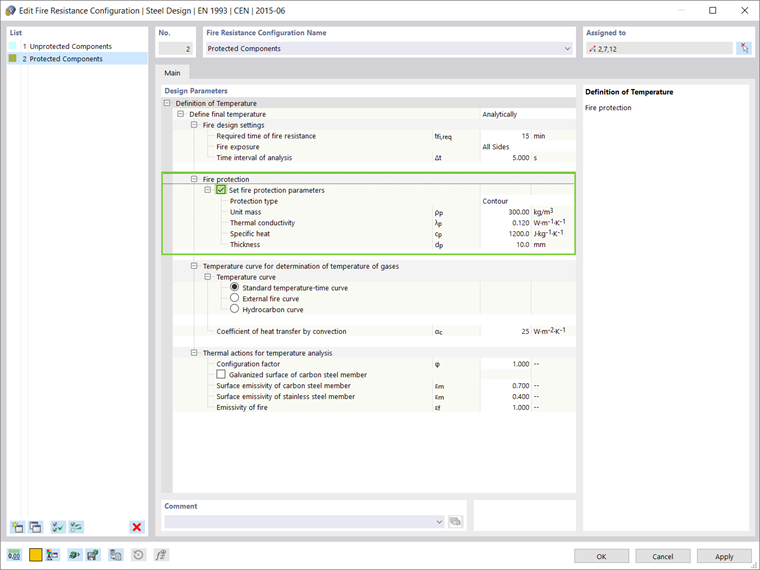 Configuração da resistência ao fogo para componentes protegidos