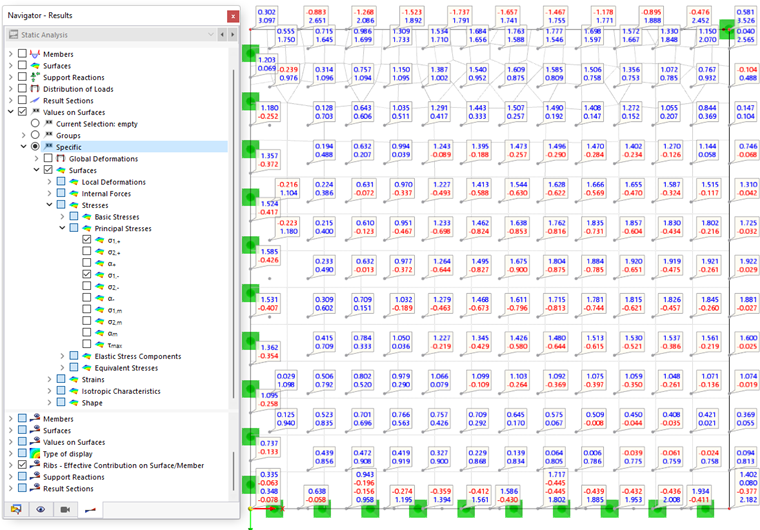 Exibição dos valores das tensões principais para o lado positivo e negativo da superfície