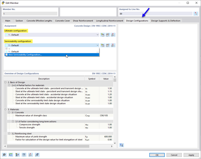 Atribuição de configurações de dimensionamento para estado limite último e de utilização à barra