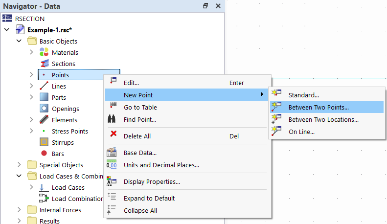Menu de contexto no navegador Dados para "Pontos"