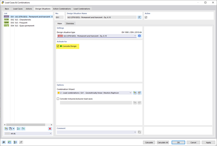 Ativação da situação de dimensionamento para o dimensionamento de betão