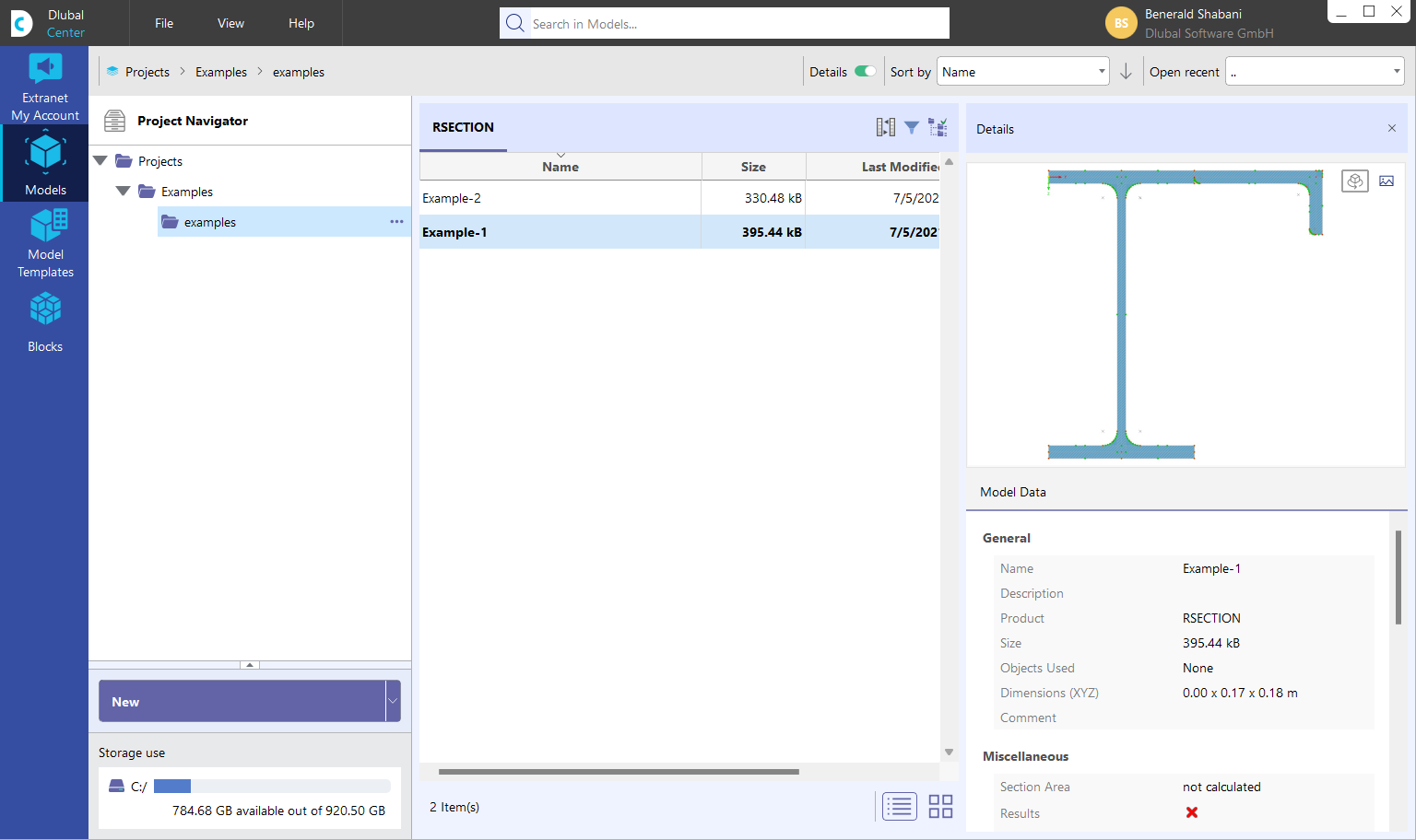 Navegador de projetos no Dlubal Center