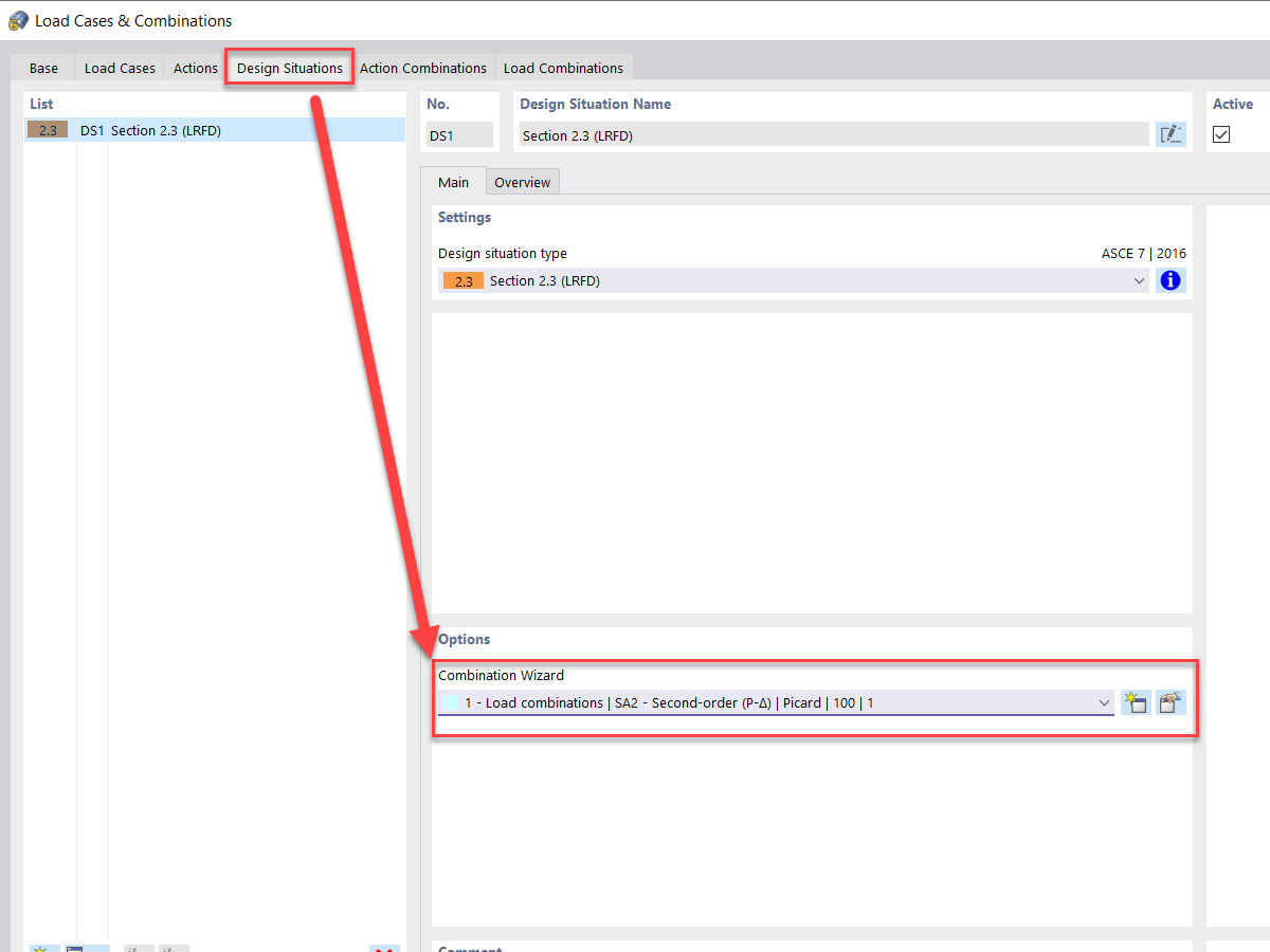 Editar assistente de combinações em situação de dimensionamento