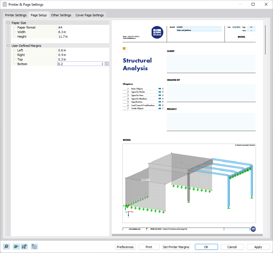 Separador "Configurar página" na caixa de diálogo "Configuração de impressora e página"