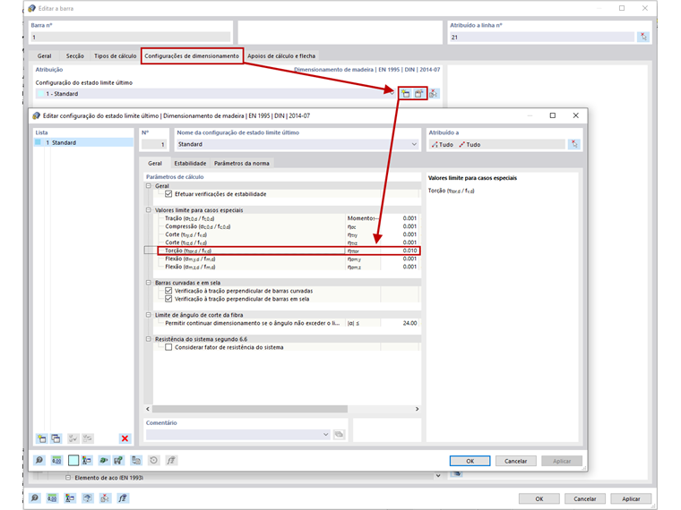 FAQ 005197 | Como é que posso negligenciar a torção do dimensionamento de aço e do dimensionamento de madeira?