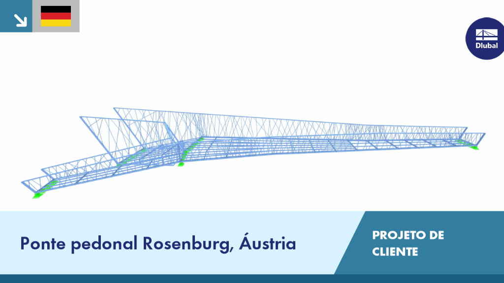 Ponte pedonal sobre paisagem fluvial em Rosenburg, Áustria.