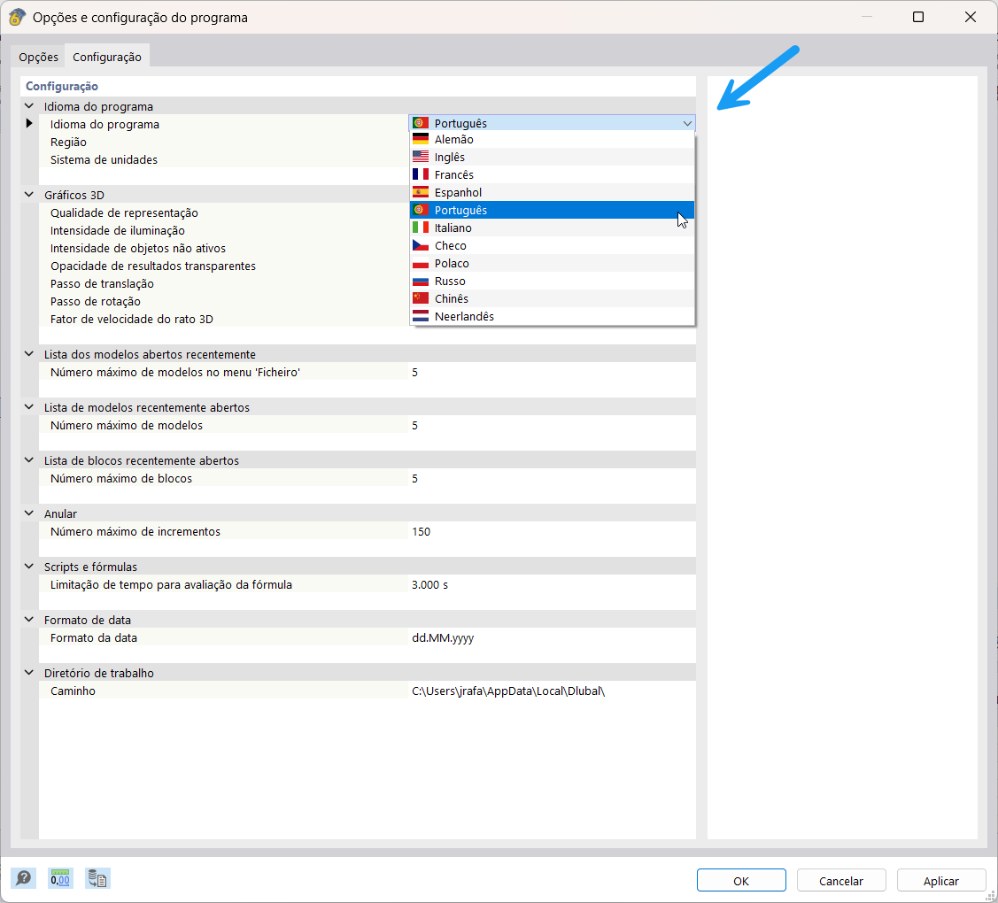 Opções do programa, seleção do idioma