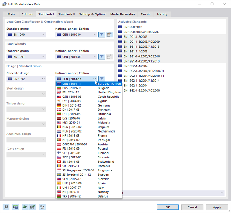 Selecionar a norma e o anexo nacional para o dimensionamento de betão
