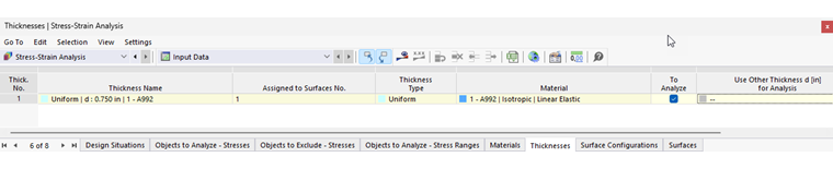 Tabela "Espessuras" para análise tensão-deformação