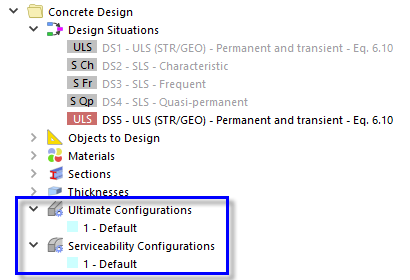 Configurações padrão para dimensionamentos ULS e SLS