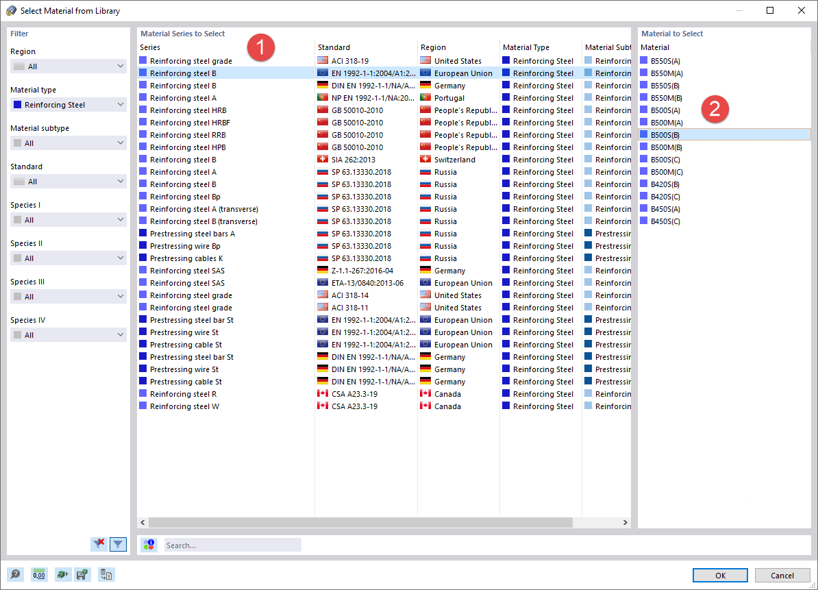 Selecionar aço de armadura na biblioteca