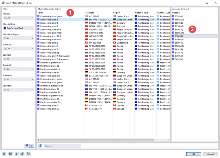Selecionar aço de armadura na biblioteca