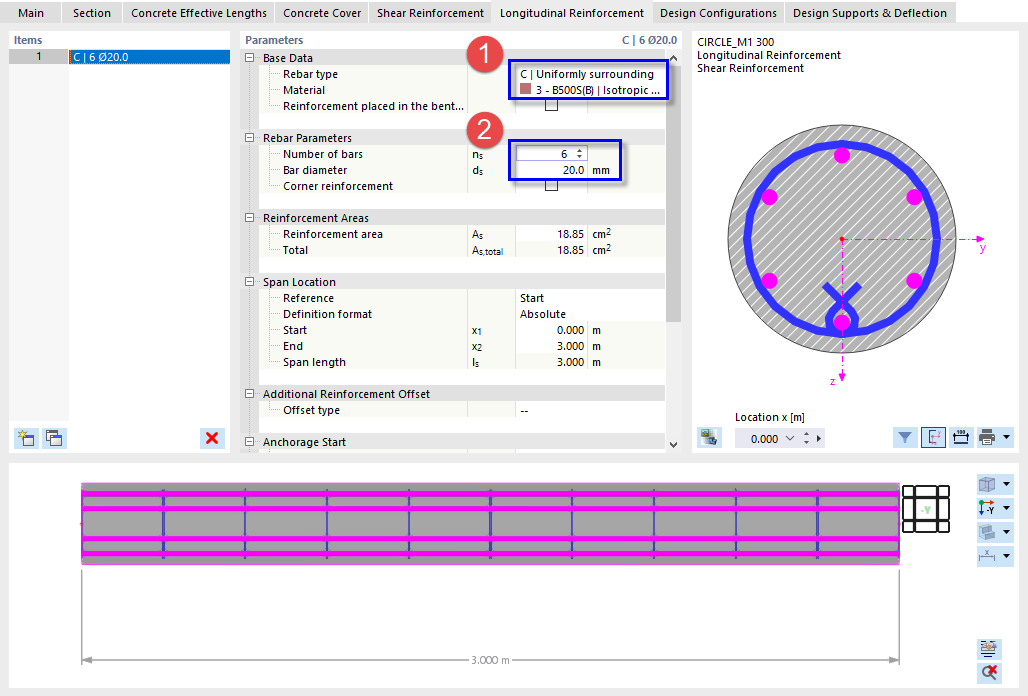 Definição de disposição e número de varões de armadura