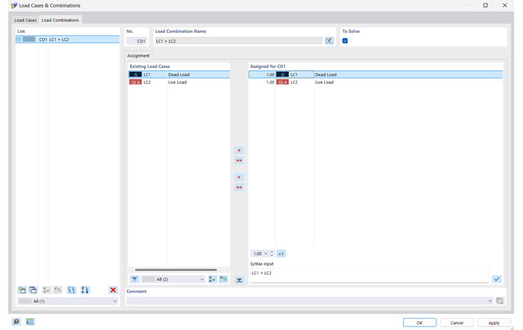 Caixa de diálogo "Casos e combinações de carga", separador "Combinações de cargas"