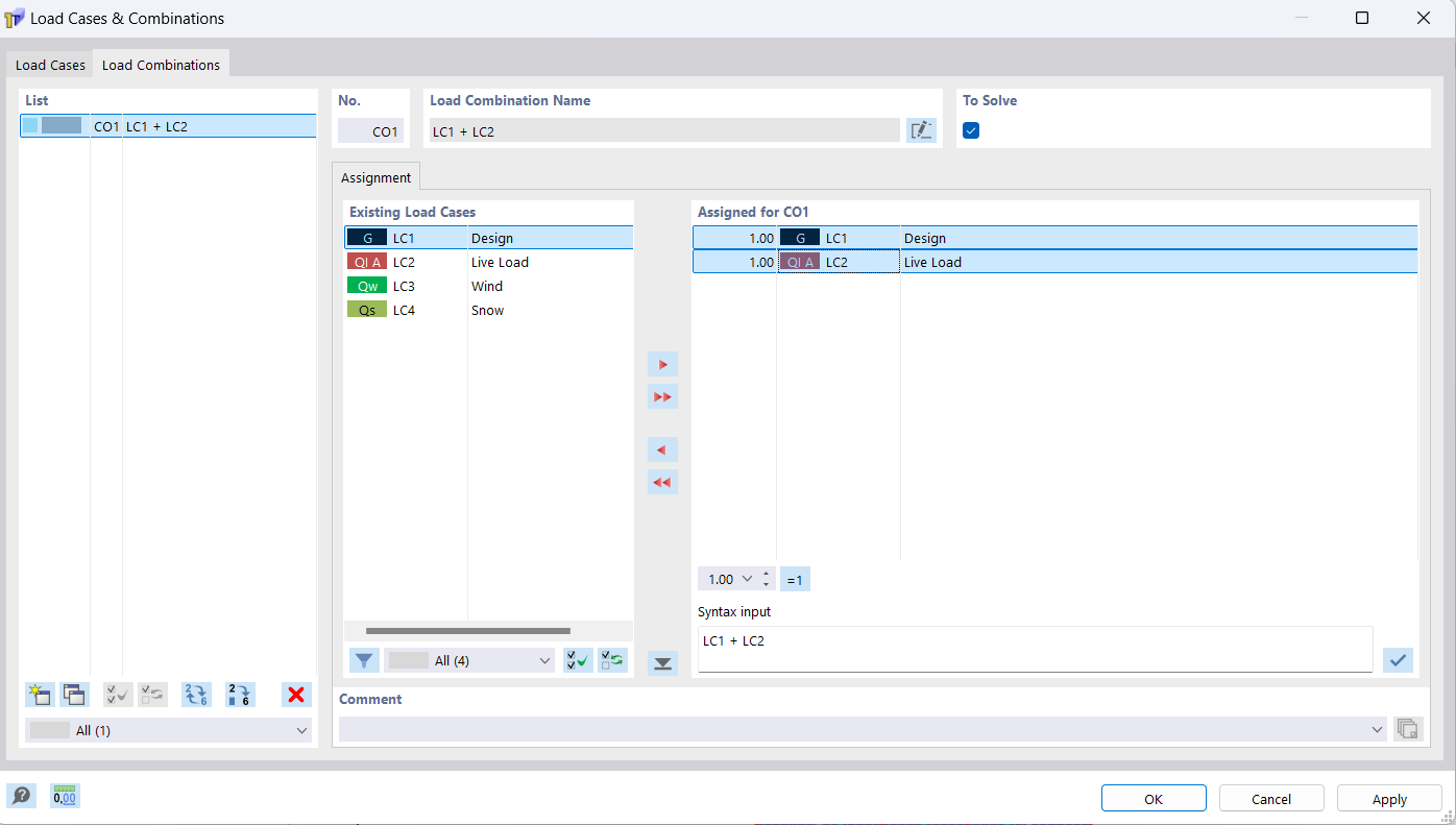 Definir combinação de cargas