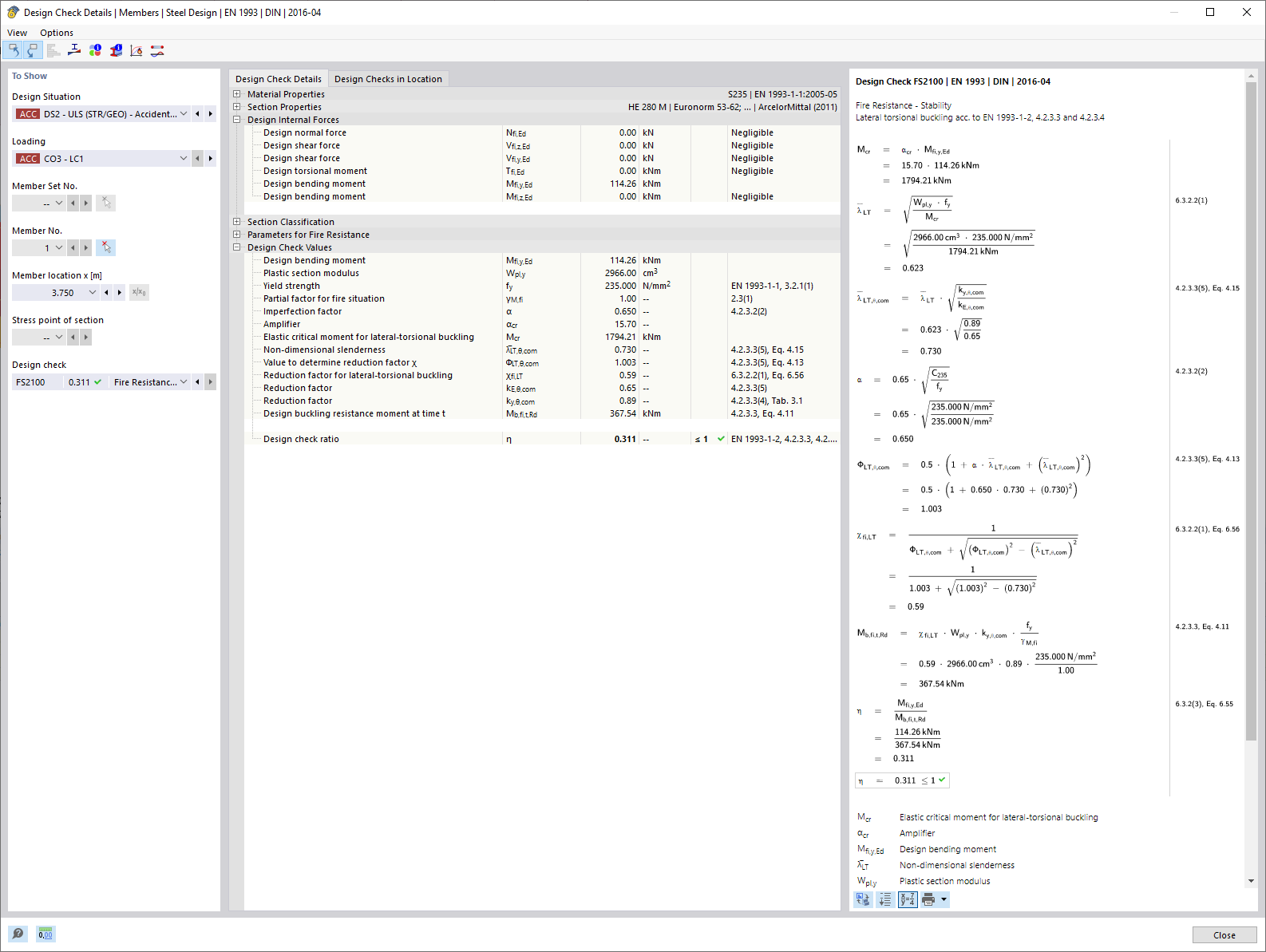 Verificação de resistência ao fogo com visualização detalhada para o dimensionamento de componentes para resistência ao fogo.