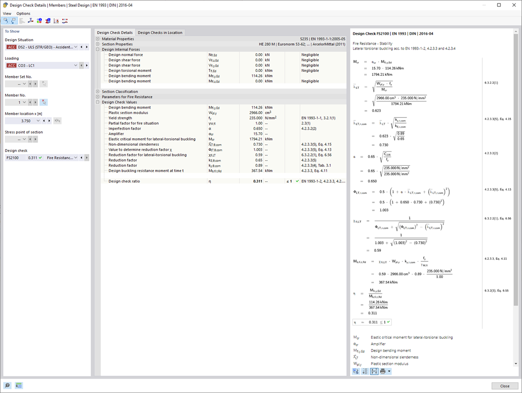Verificação de resistência ao fogo com visualização detalhada para o dimensionamento de componentes para resistência ao fogo.