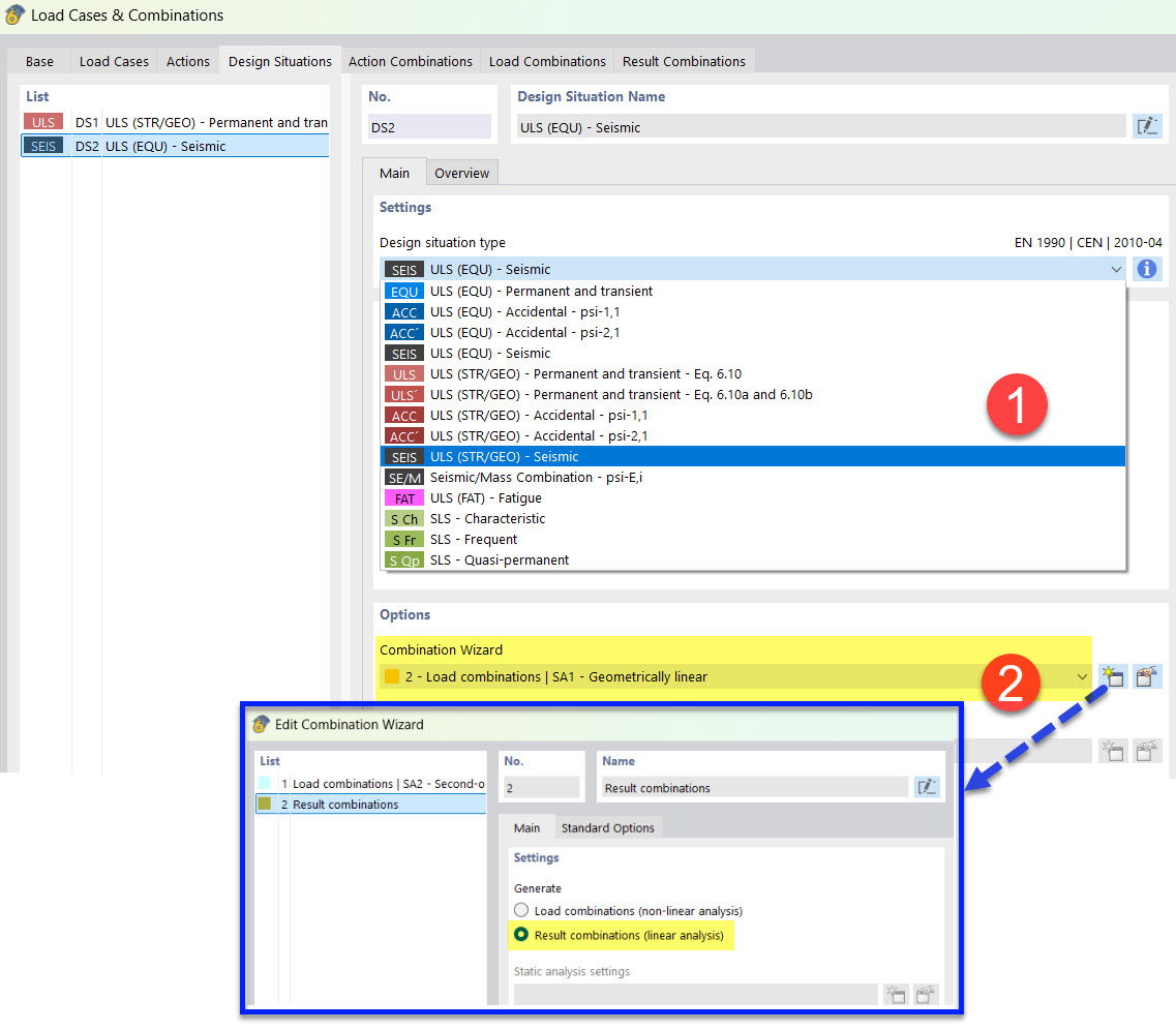 Definição de situação de dimensionamento sísmico com assistente de combinações para combinação de resultados