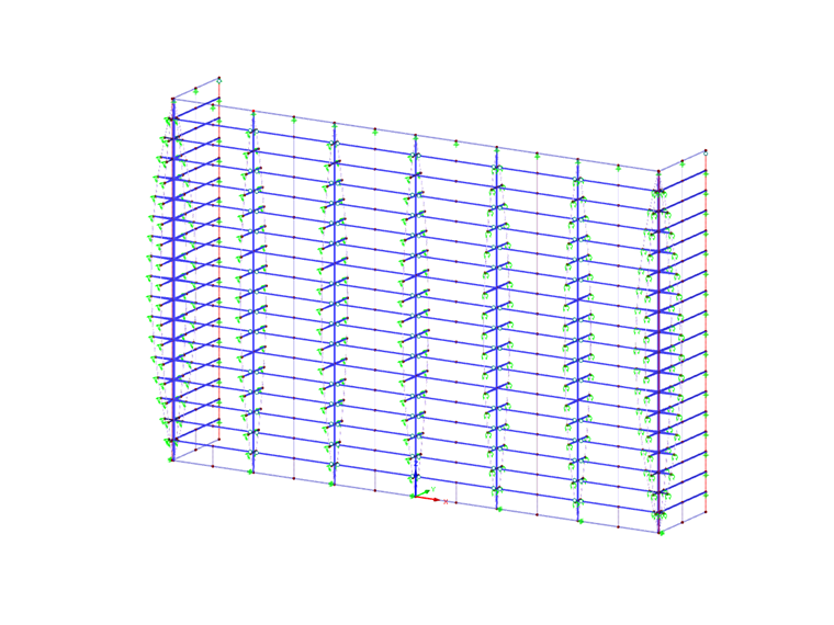 Modelo 3D da fachada de aço e vidro no RSTAB (© SuP Ingenieure GmbH)