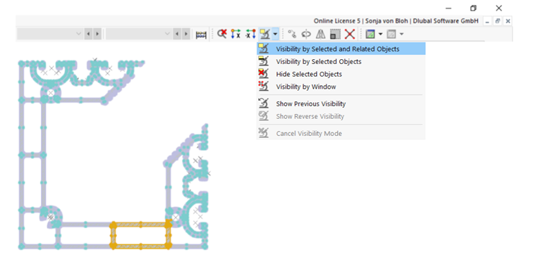 Botões para visibilidades na janela de trabalho