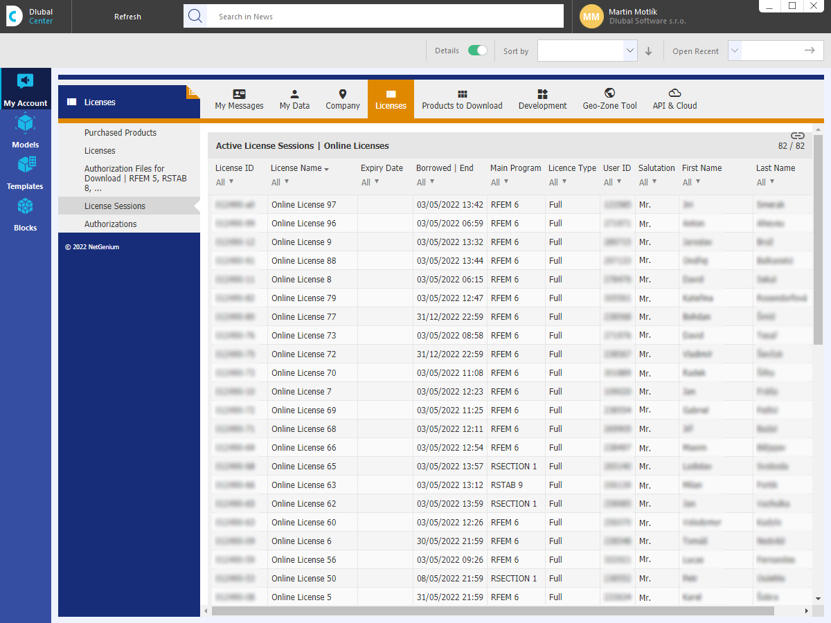 Sessões ativas de licença