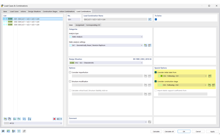 Definição de estado inicial na respetiva combinação de cargas
