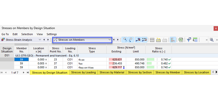 Tabela de resultados "Tensões em barras" para análise tensão-deformação
