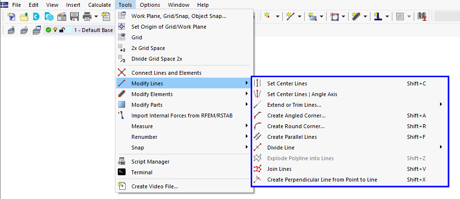 Ferramentas de modelação para linhas no menu "Ferramentas"